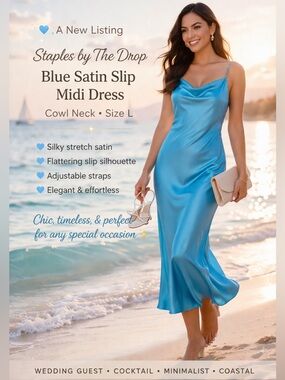NWT The Drop Ocean Blue Satin Slip Midi Dress Cowl Neck Minimalist Chic Size L